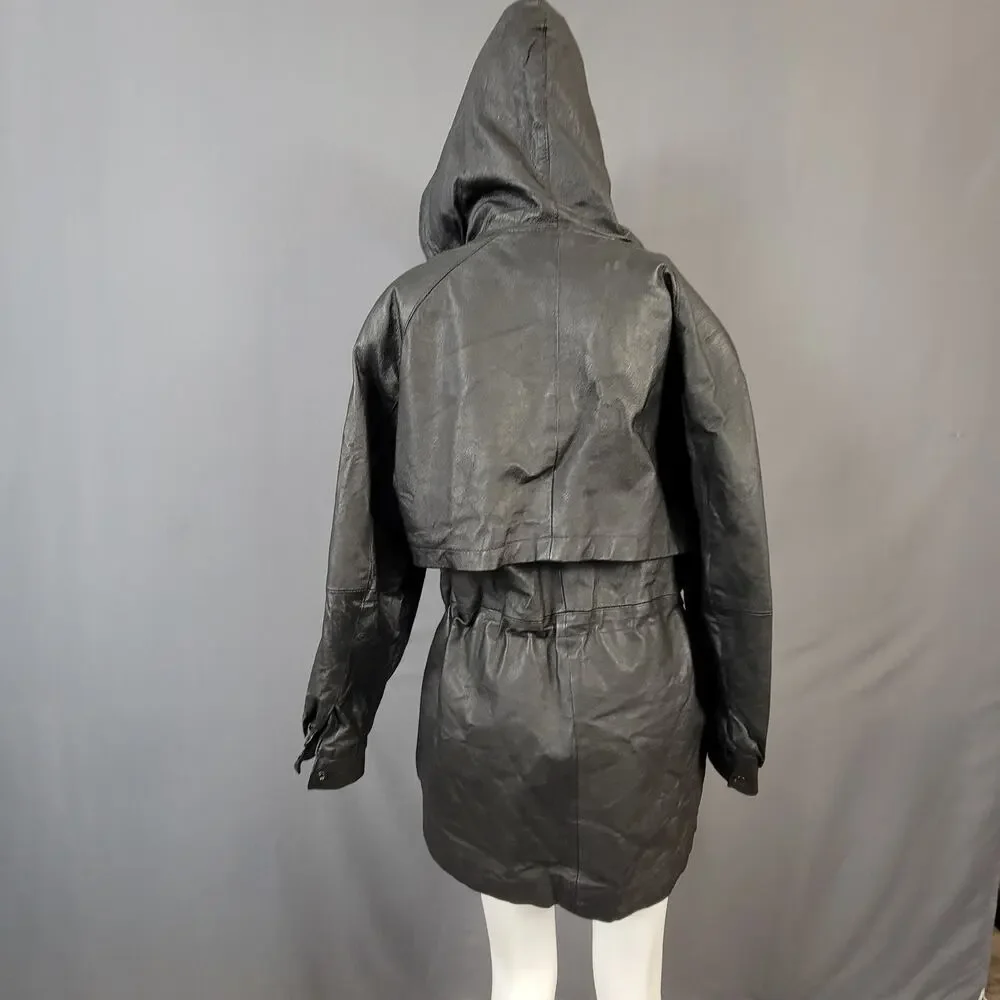 ADA Classics Vintage Brown Leather Hooded Coat with Drawstring Waist